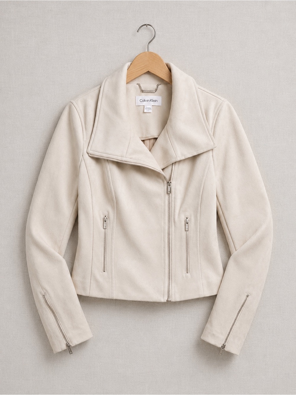 Calvin Klein Light Cream Suede Zip-Front Moto Jacket